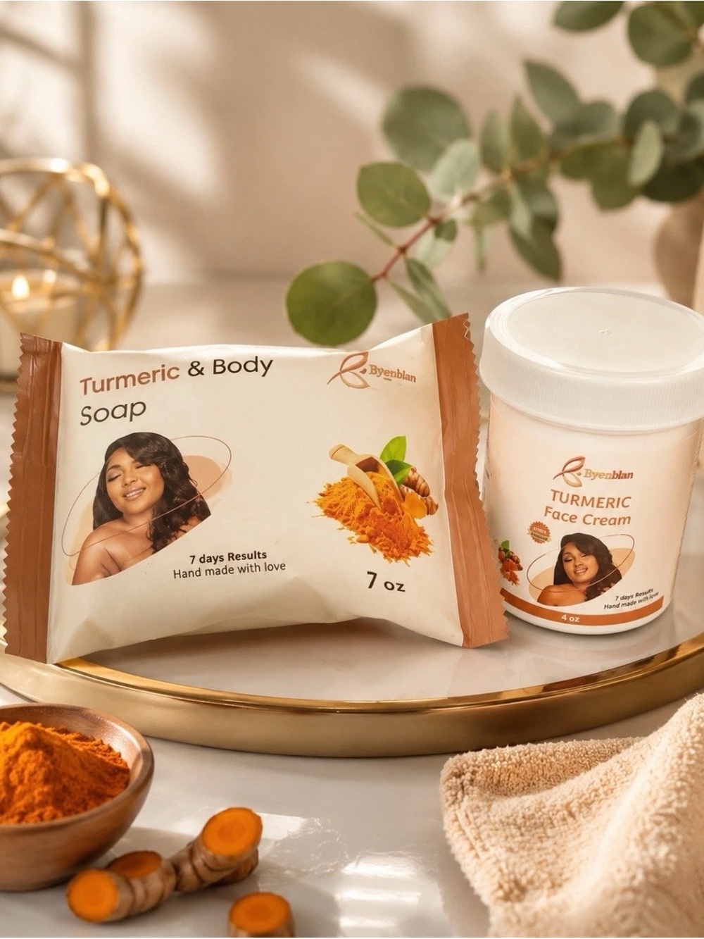 Byenblan Turmeric Skin Care Set:
Handmade Face Cream 4 oz + Body
Soap 7 oz